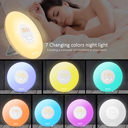 Sunvito Despertador de Luz Salida del Sol Reloj de Alarma 7 Colores Noche Luz con Sonidos Naturales,Función de Dormitar, Radio FM,Control Táctil y Cargador USB