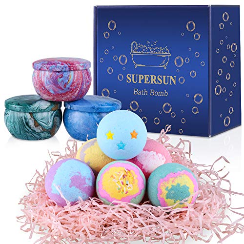 SUPERSUN Bombas de Baño 6 x 100 g con 3 Velas Aromáticas, Set de Baño Regalos para Mujer, Sales de Baño, Regalos para Cumpleaños, Aniversario, Día de San Valentín, Día de la Madre