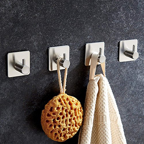 SUSHJA 4 Piezas Ganchos Adhesivos, Toallero Perchero Pared de Cocina Baño 3M Autoadhesivo Perchero de Max 4KG Acero Inoxidable Colgadores de Puerta Organizador