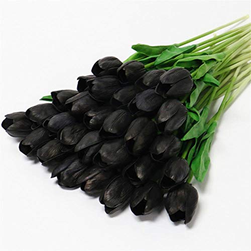 SUXIAO PU Real Touch Artificial Rosa Negra tulipán Hermosa Flor de látex Boda Flor Falsa Fiesta en casa Memorial 15PCS, PU tulipán Negro