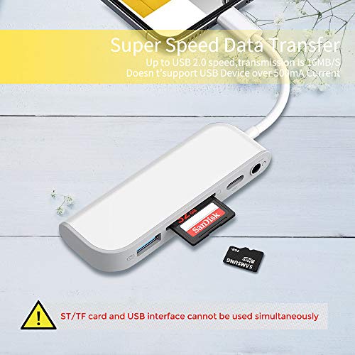 SwiftLand SD TF Lector de Tarjetas, Adaptador de USB a Phone Pad, Adaptador de Lector de Tarjetas 5 en 1 con 1 Interfaz USB 2.0 OTG, Lector de Tarjetas SD/TF, 1 Puerto PD, Conector de Audio de 3,5 mm