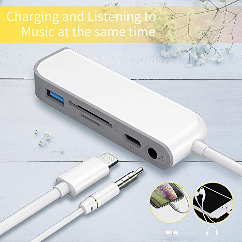 SwiftLand SD TF Lector de Tarjetas, Adaptador de USB a Phone Pad, Adaptador de Lector de Tarjetas 5 en 1 con 1 Interfaz USB 2.0 OTG, Lector de Tarjetas SD/TF, 1 Puerto PD, Conector de Audio de 3,5 mm