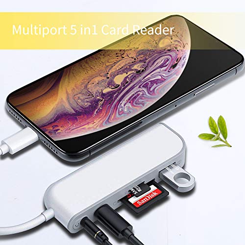 SwiftLand SD TF Lector de Tarjetas, Adaptador de USB a Phone Pad, Adaptador de Lector de Tarjetas 5 en 1 con 1 Interfaz USB 2.0 OTG, Lector de Tarjetas SD/TF, 1 Puerto PD, Conector de Audio de 3,5 mm