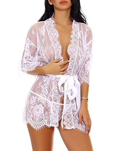 Sykooria Conjunto de Lencería Sexy Bata de Encaje Babydoll Kimono Ropa de Dormir Escote en V Profundo Camisón Camisón Ropa de Dormir Suave