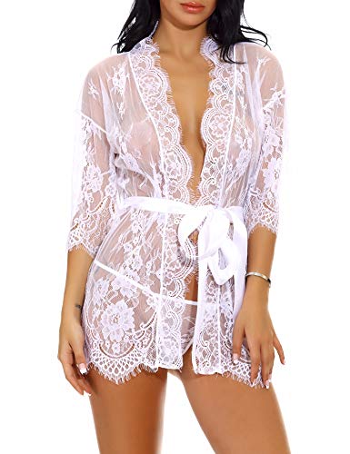 Sykooria Conjunto de Lencería Sexy Bata de Encaje Babydoll Kimono Ropa de Dormir Escote en V Profundo Camisón Camisón Ropa de Dormir Suave