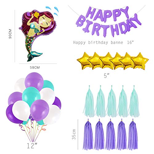 Syuantech Decoraciones de Fiesta de Cumpleaños de Sirena Conjunto Feliz Cumpleaños Sirena Pancartas Blanco Azul Púrpura Globos de Látex Globos de Papel de Aluminio Suministros para Fiestas