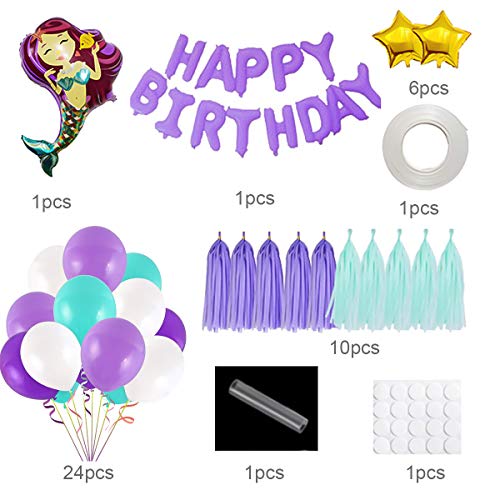 Syuantech Decoraciones de Fiesta de Cumpleaños de Sirena Conjunto Feliz Cumpleaños Sirena Pancartas Blanco Azul Púrpura Globos de Látex Globos de Papel de Aluminio Suministros para Fiestas