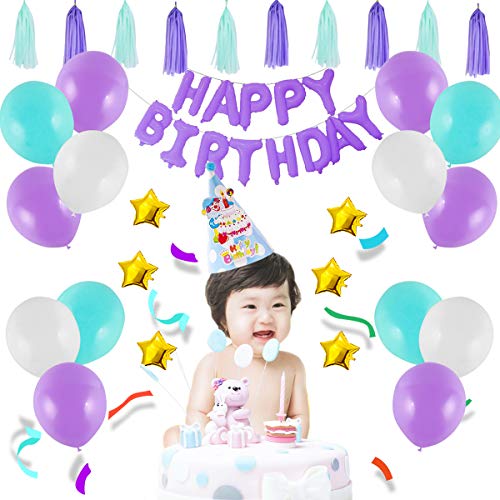 Syuantech Decoraciones de Fiesta de Cumpleaños de Sirena Conjunto Feliz Cumpleaños Sirena Pancartas Blanco Azul Púrpura Globos de Látex Globos de Papel de Aluminio Suministros para Fiestas