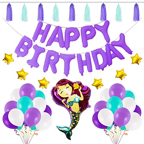 Syuantech Decoraciones de Fiesta de Cumpleaños de Sirena Conjunto Feliz Cumpleaños Sirena Pancartas Blanco Azul Púrpura Globos de Látex Globos de Papel de Aluminio Suministros para Fiestas