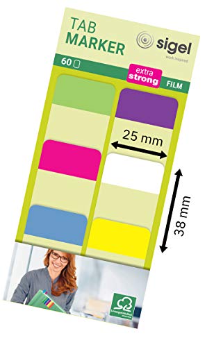 Tab Marker Film Adhesivo Marcadores Extra Fuerte 25 x 38 mm 60 hojas de limón / color de rosa / azul / púrpura / blanco / amarillo
