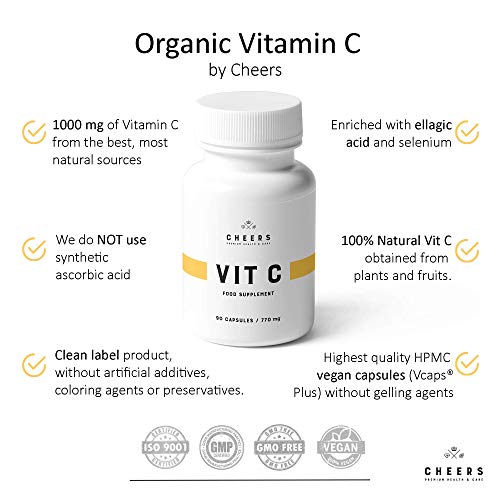 Tabletas Naturales de Vitamina C (333mg) - Suplemento de Vitamina C de Mayor Absorción - Origen Vegetal - 90 cápsulas Veganas - Ácido Ascórbico con Cítricos BioFlavonoides, Selenio, ácido Elágico