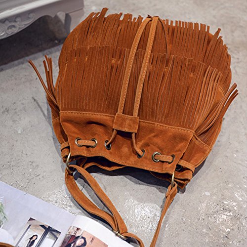TAKEMORE7 - Bolso de hombro para mujer y niña, con flecos de ante sintético con flecos y borlas de ante y cordón, No nulo, marrón, talla única