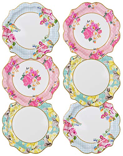 Talking Tables Platos medio con detalles florales ‘TS4.’ Paquete de 12 con 3 patrones diferentes. Para una fiesta de muñecas o bodas. Amarillo, Rosa y Azul.