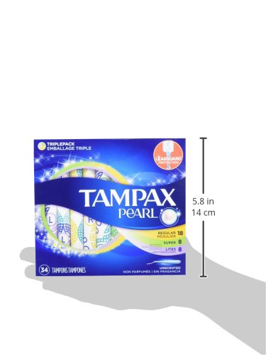Tampax Pearl Tampones, ligeros/regulares/superabsorbencia con trenza LeakGuard, paquete triple, sin aroma, 34 unidades