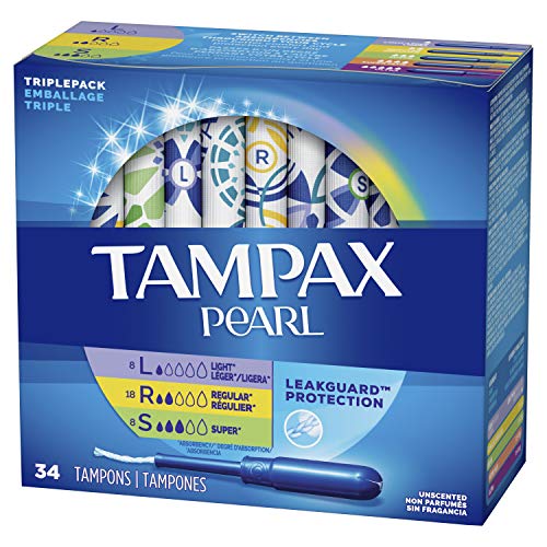 Tampax Pearl Tampones, ligeros/regulares/superabsorbencia con trenza LeakGuard, paquete triple, sin aroma, 34 unidades