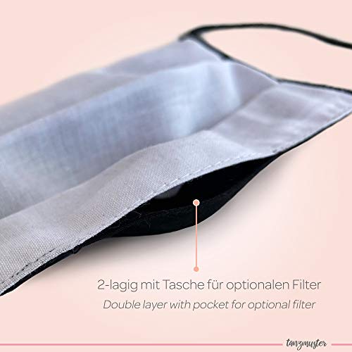 tanzmuster ® mascarilla de tela lavable por adultos - 100% algodón OEKO-TEX 100 con clip nasale y bolsillo para filtro - hecho a mano y reutilizables Negro, M/L (adultos)