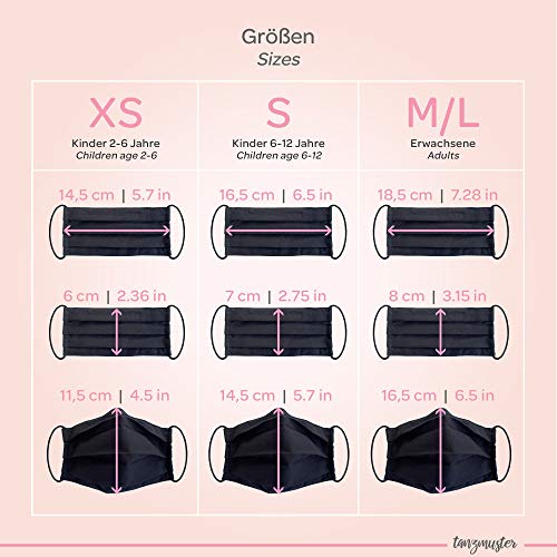tanzmuster ® mascarilla de tela lavable por adultos - 100% algodón OEKO-TEX 100 con clip nasale y bolsillo para filtro - hecho a mano y reutilizables Negro, M/L (adultos)