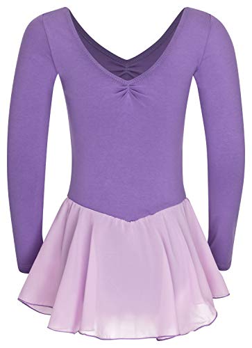 tanzmuster ® - Vestido de ballet para niña de manga larga – Anna – de tela de algodón suave con piedras brillantes y faldas de gasa, para niños de ballet, color lavanda, talla: 128/134