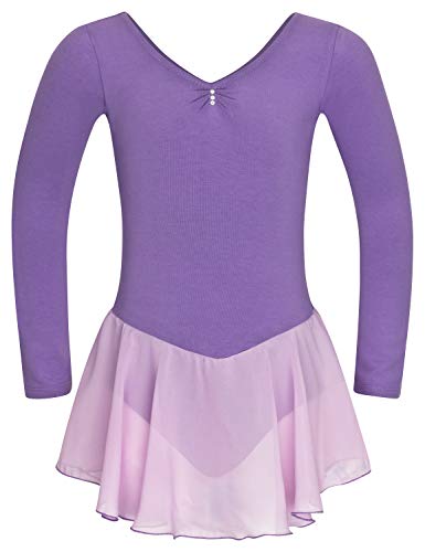 tanzmuster ® - Vestido de ballet para niña de manga larga – Anna – de tela de algodón suave con piedras brillantes y faldas de gasa, para niños de ballet, color lavanda, talla: 128/134