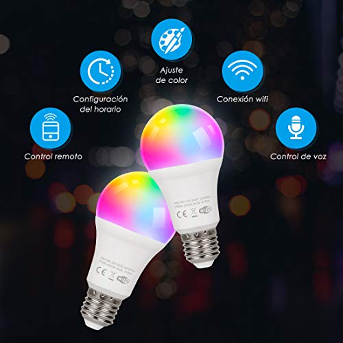 TAOCOCO Bombilla LED inteligente WiFi con luz cálida Luz de color variable 2700k-6200k + RGB,Compatible con Alexa, Echo, Google Home e IFTTT, E27 9W RGB Color Cambio Bombilla, 2 PCS