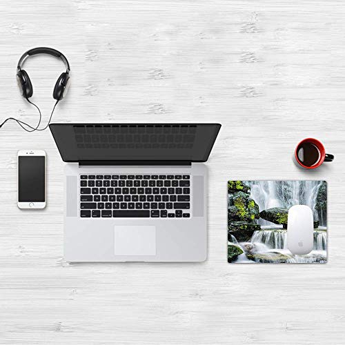 Tapis de Souris de jeu, Cascade, Cascade majestueuse bloquée Avec Des roches massives Avec de la Mousse Sur eux, Noir Blanc, Surface douce, Tapis de Souris facile à nettoyer, Support antidérapant