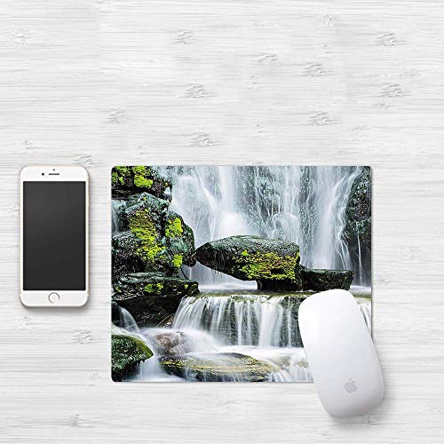 Tapis de Souris de jeu, Cascade, Cascade majestueuse bloquée Avec Des roches massives Avec de la Mousse Sur eux, Noir Blanc, Surface douce, Tapis de Souris facile à nettoyer, Support antidérapant
