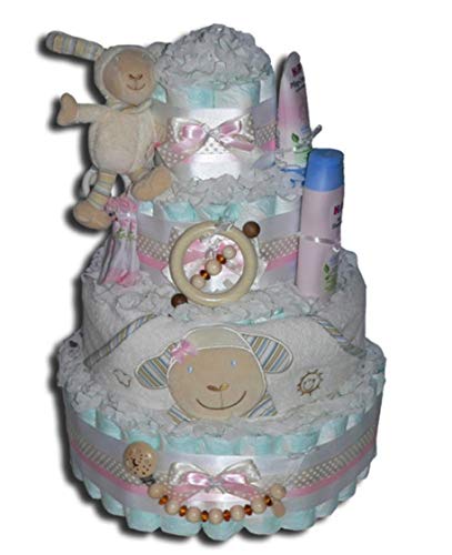 Tarta de pañales, diseño de ovejas neutras para niños o niñas, regalo de bebé, bautizo, nacimiento, color rosa
