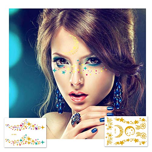 Tatuajes temporales cara, Tatuajes de cara temporales metálicos. Pegatinas de maquillaje a prueba de agua para mujeres en el festival y en el escenario (10 hojas)