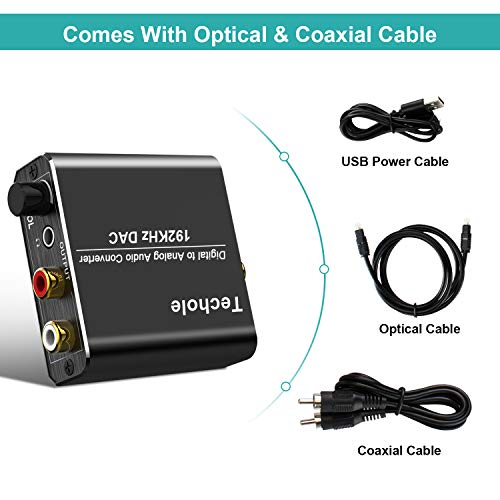 Techole Óptico a RCA con Volumen Ajustable 192kHz Óptico a Jack, Convertidor Audio Digital Óptico Coaxial Toslink a Analógico Estéreo L/R y Jack 3.5mm con Cable Óptico para PS3, PS4, Xbox, HDTV, DVD