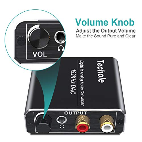 Techole Óptico a RCA con Volumen Ajustable 192kHz Óptico a Jack, Convertidor Audio Digital Óptico Coaxial Toslink a Analógico Estéreo L/R y Jack 3.5mm con Cable Óptico para PS3, PS4, Xbox, HDTV, DVD