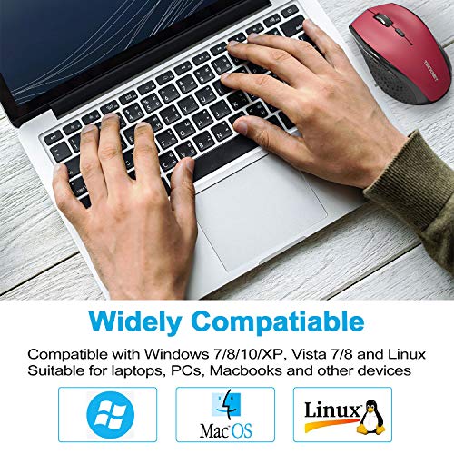 TECKNET Ratón Inalámbrico Classic 2.4G, Ratón Óptico Wireless Mouse 4800 dpi 6 Niveles Ajustables con Nano Receptor, 30 Meses duración de la batería, 6 Botones para Windows, Mac, Macbook Linux, Rojo