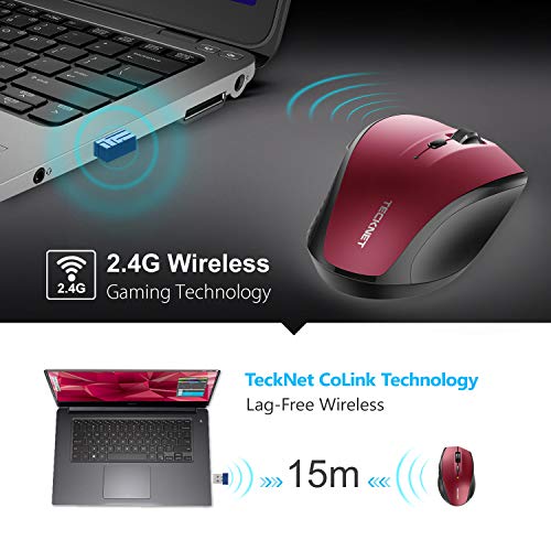 TECKNET Ratón Inalámbrico Classic 2.4G, Ratón Óptico Wireless Mouse 4800 dpi 6 Niveles Ajustables con Nano Receptor, 30 Meses duración de la batería, 6 Botones para Windows, Mac, Macbook Linux, Rojo