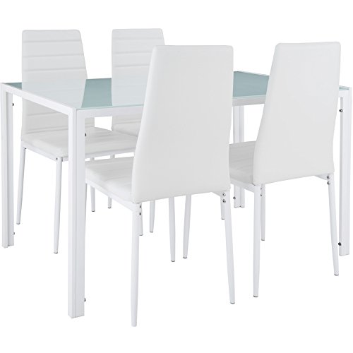 TecTake Conjunto de Mesa y 4 sillas de Comedor | Alto Grado de Confort | Tablero de la Mesa Robusto, de Vidrio Templado de Seguridad (Blanco | No. 402838)