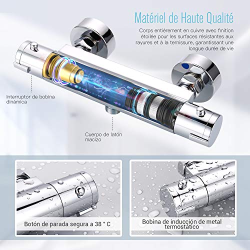 Termostato de Ducha, Dalmo DBWF01GR Grifo Termostático Ducha con Temperatura Preciso 38 ℃, Grifería Termostática con el Botón de Seguridad, Termostato Ducha con Ahorra Agua