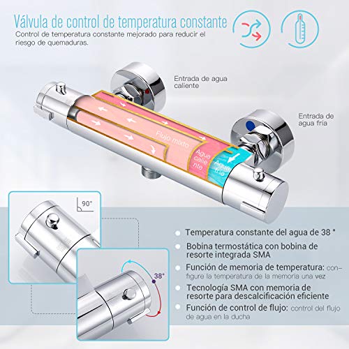 Termostato de Ducha, Dalmo DBWF01GR Grifo Termostático Ducha con Temperatura Preciso 38 ℃, Grifería Termostática con el Botón de Seguridad, Termostato Ducha con Ahorra Agua