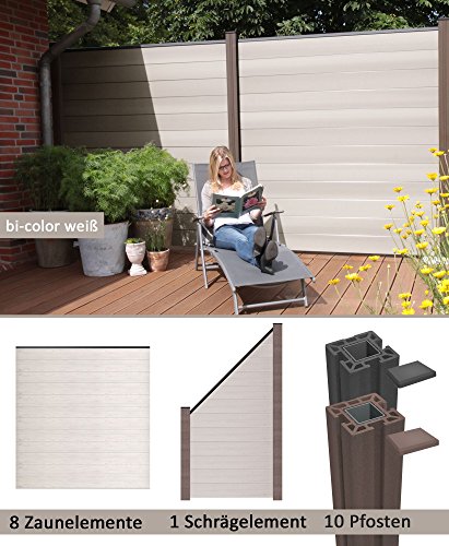 Terrasso WPC/BPC - Valla de protección visual, incluye postes, protección visual, valla de jardín, Bicolor blanco., 8 Zäune, 1 Schrägelement inkl. 10 Pfosten