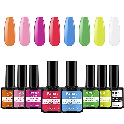 Terresa Esmaltes Semipermanentes de Uñas en Gel UV LED, 8 Colores Kit de Esmaltes de Uñas, Esmaltes en Gel Soak Off 10ml