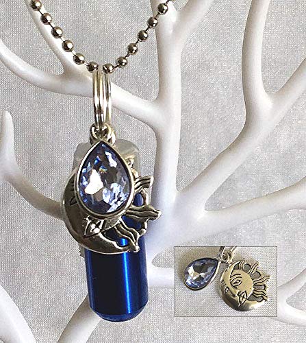 The Birthstone Collection: urna de luto conmemorativo para cenizas de cremación con colgante de diciembre (circonita azul) y bolsa de joyería y kit de relleno (plata, collar)