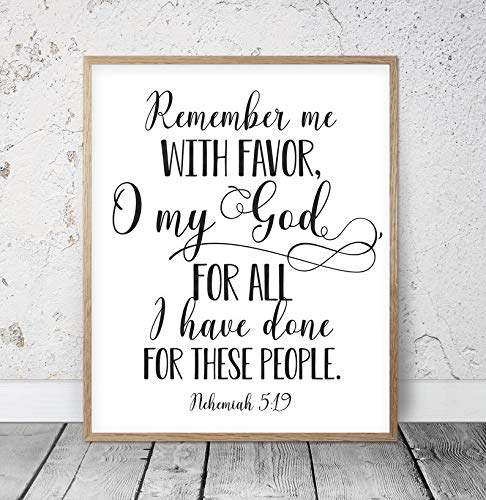 tian huan88 8x12 Wood Framed Sign Remember Me with Favor O My God Nehemiah 5:19 Bible Verses Scripture Wall Art Religious Prints Christian Gifts Nursery Print