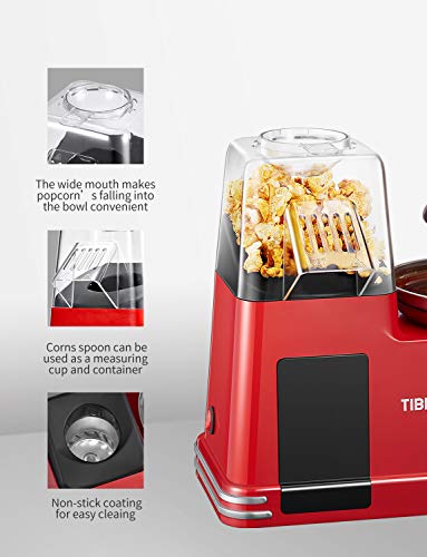 Tibek - Máquina de palomitas por aire caliente, sin aceite ni grasa, 1200 W, con olla antiadherente, medidor y boca ancha, incluye fuente de chocolate