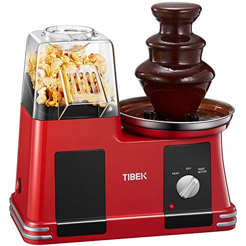 Tibek - Máquina de palomitas por aire caliente, sin aceite ni grasa, 1200 W, con olla antiadherente, medidor y boca ancha, incluye fuente de chocolate