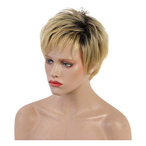 TIESALUONI Breve Pixie Cut Pelucas del Pelo Humano Mullido Omber Pelo Rubio con el Black Root Pelucas para Mujeres