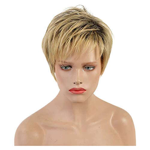 TIESALUONI Breve Pixie Cut Pelucas del Pelo Humano Mullido Omber Pelo Rubio con el Black Root Pelucas para Mujeres