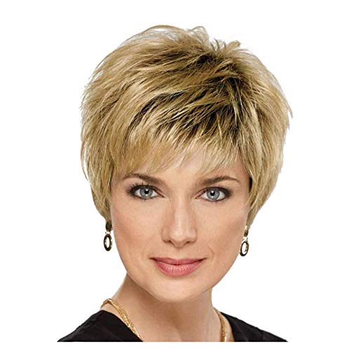 TIESALUONI Breve Pixie Cut Pelucas del Pelo Humano Mullido Omber Pelo Rubio con el Black Root Pelucas para Mujeres