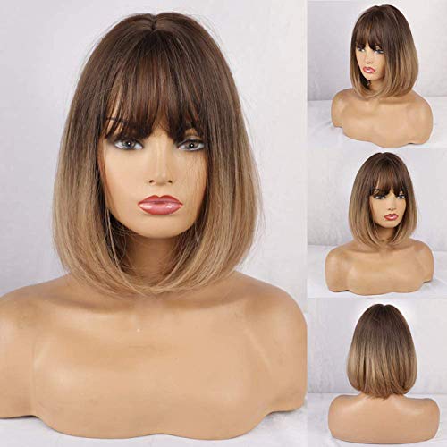 TIESALUONI Natural Corto Bob Pelucas Rectas para Las Mujeres Omber Brown Pelucas con Flequillo Uso Diario