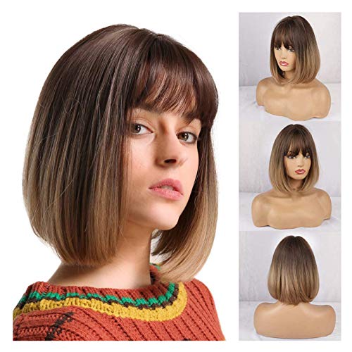 TIESALUONI Natural Corto Bob Pelucas Rectas para Las Mujeres Omber Brown Pelucas con Flequillo Uso Diario