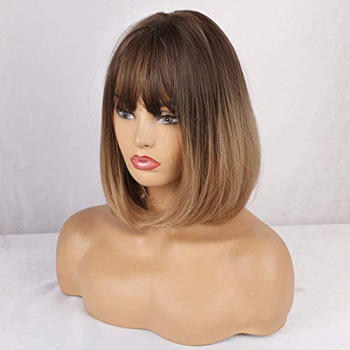 TIESALUONI Natural Corto Bob Pelucas Rectas para Las Mujeres Omber Brown Pelucas con Flequillo Uso Diario