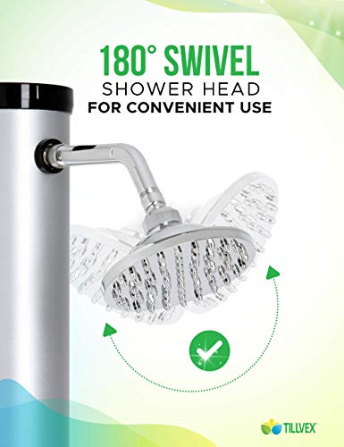 tillvex Ducha de Jardín 20 litros | Ducha Solar con Agua Caliente | Para Piscina, Camping | Sin Conexión Eléctrica | Cabezal de Ducha de Lluvia y Grifo | Conexión de Manguera de Jardín Negro/Plateado