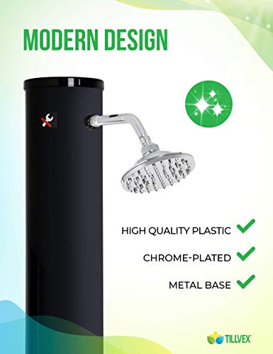 tillvex Ducha de Jardín 35 litros | Ducha Solar con Agua Caliente | Para Piscina, Camping | Sin Conexión Eléctrica | Cabezal de Ducha de Lluvia y Grifo | Conexión de Manguera de Jardín (Negro)