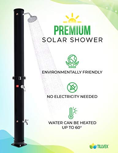 tillvex Ducha de Jardín 35 litros | Ducha Solar con Agua Caliente | Para Piscina, Camping | Sin Conexión Eléctrica | Cabezal de Ducha de Lluvia y Grifo | Conexión de Manguera de Jardín (Negro)